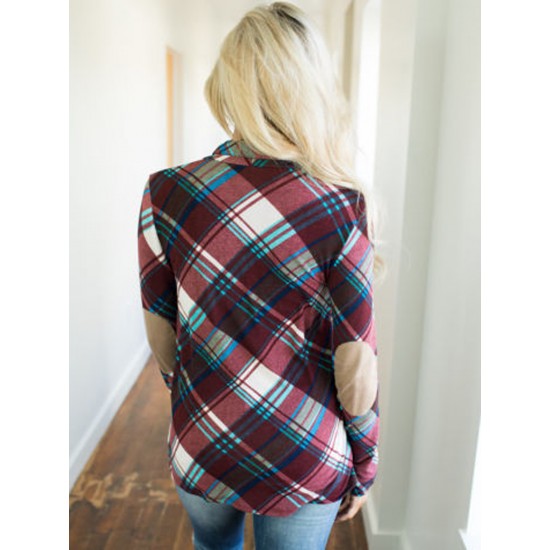 Women Plus Size Plaid Cardigan Coats Casual Long Sleeve Asymmetric Open Front Elbow Patch Lapel Outwear