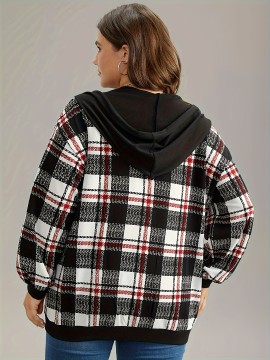 1pc Plus Size Women'S Casual Gingham Hooded Jacket - Polyester Blend, Slight Stretch, Woven Zip-Up Hoodie for Spring/Fall