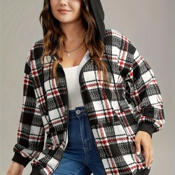 1pc Plus Size Women'S Casual Gingham Hooded Jacket - Polyester Blend, Slight Stretch, Woven Zip-Up Hoodie for Spring/Fall