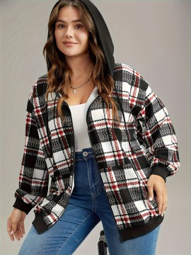 1pc Plus Size Women'S Casual Gingham Hooded Jacket - Polyester Blend, Slight Stretch, Woven Zip-Up Hoodie for Spring/Fall