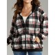 1pc Plus Size Women'S Casual Gingham Hooded Jacket - Polyester Blend, Slight Stretch, Woven Zip-Up Hoodie for Spring/Fall