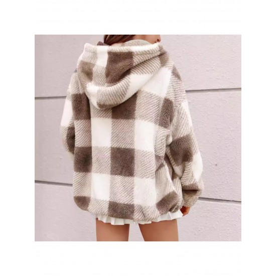 1pc Women'S Plus Size Plaid Hooded Jacket - Casual Polyester Knit Fabric with Pockets, Slight Stretch, Warm Fleece-Lined Outerwear for Fall/Winter