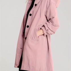 Casual Hooded Trench Coat for Women, Long Sleeve Polyester Blend Jacket with Button Closure, Slight Stretch Solid Color Coat with Pockets for Spring/Fall