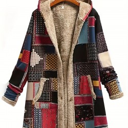 Autumn And Winter Women's Coat Warm Polyester National Style Print Hooded Casual Pocket Single-breasted Long-sleeved Women's Coat Daily Wear