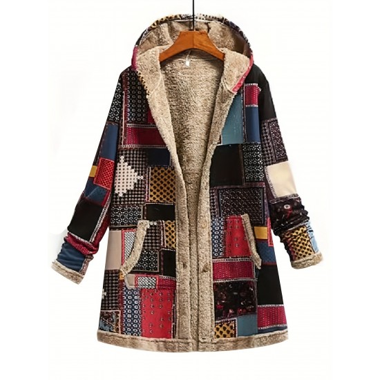 Autumn And Winter Women's Coat Warm Polyester National Style Print Hooded Casual Pocket Single-breasted Long-sleeved Women's Coat Daily Wear