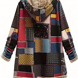 Autumn And Winter Women's Coat Warm Polyester National Style Print Hooded Casual Pocket Single-breasted Long-sleeved Women's Coat Daily Wear