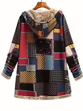 Autumn And Winter Women's Coat Warm Polyester National Style Print Hooded Casual Pocket Single-breasted Long-sleeved Women's Coat Daily Wear