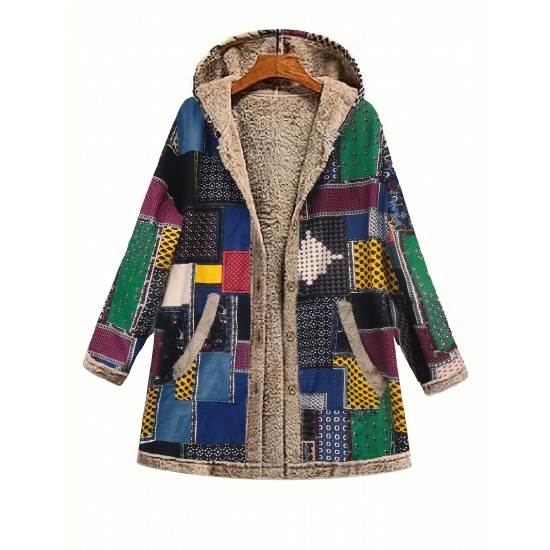 Autumn And Winter Women's Coat Warm Polyester National Style Print Hooded Casual Pocket Single-breasted Long-sleeved Women's Coat Daily Wear