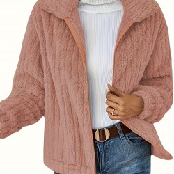 Women's Plus Size Teddy Fleece Coat - Warm And Cozy Long Sleeve Jacket With Ribbed Detail And Lapel Collar