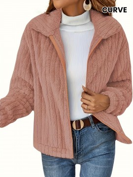 Women's Plus Size Teddy Fleece Coat - Warm And Cozy Long Sleeve Jacket With Ribbed Detail And Lapel Collar