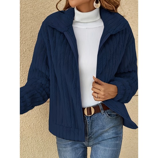 Women's Plus Size Teddy Fleece Coat - Warm And Cozy Long Sleeve Jacket With Ribbed Detail And Lapel Collar