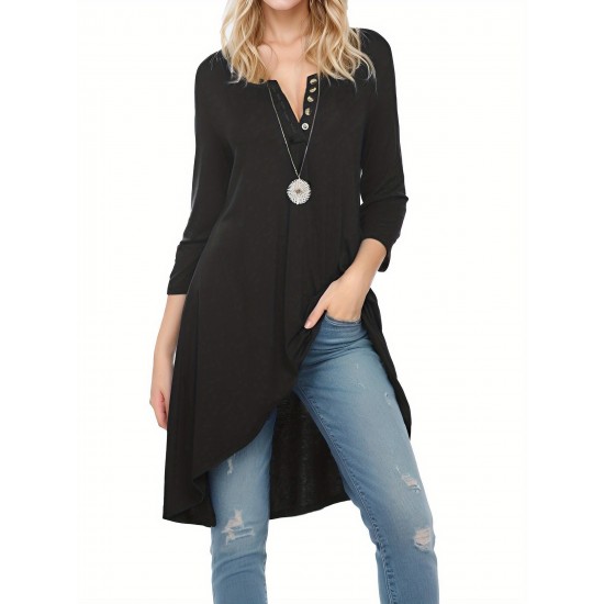 Plus Size Women's Casual Tunic Top - Button-Up Crew Neck, 3/4 Sleeve, Stretchy Polyester Blend, Machine Washable