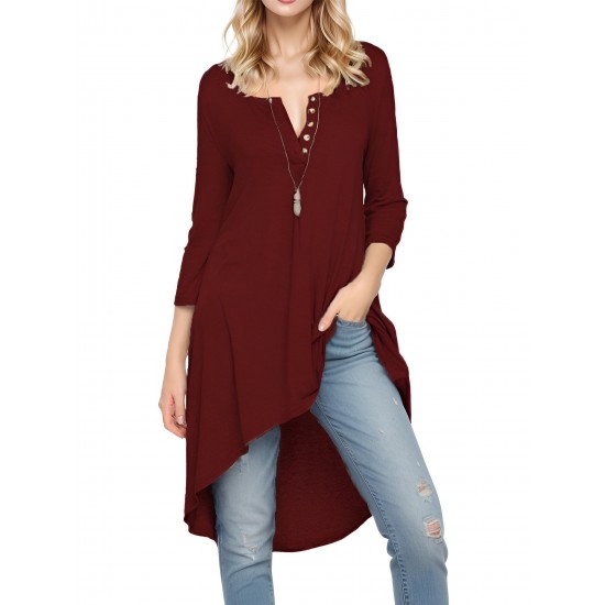 Plus Size Women's Casual Tunic Top - Button-Up Crew Neck, 3/4 Sleeve, Stretchy Polyester Blend, Machine Washable