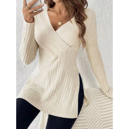 Elegant V-Neck Ribbed Knit Top for Women - Long Sleeve, Solid Color with Side Slit, Machine Washable - Perfect for Fall/Winter