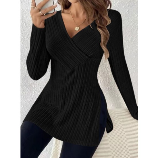 Elegant V-Neck Ribbed Knit Top for Women - Long Sleeve, Solid Color with Side Slit, Machine Washable - Perfect for Fall/Winter