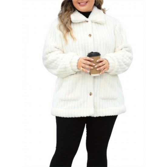 Plus Size Women'S Winter Jacket, Casual Lapel Collar, Cotton Blend, Slight Stretch, Solid Color, Reversible Plush Long Sleeve Cardigan Coat for Outwear Streetwear