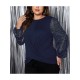 1pc Women'S Plus Size Casual Round Neck Long Sleeve Blouse with Cross Wrap Design, Polyester Fabric, Spring/Autumn Season, Basic Solid Color Top with Bubble Detail