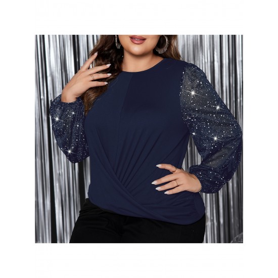 1pc Women'S Plus Size Casual Round Neck Long Sleeve Blouse with Cross Wrap Design, Polyester Fabric, Spring/Autumn Season, Basic Solid Color Top with Bubble Detail