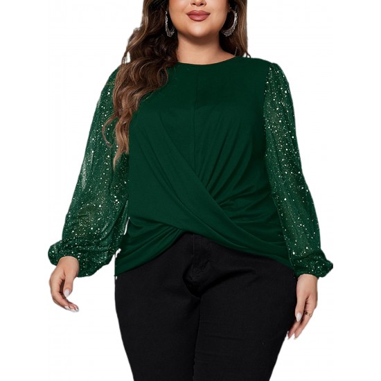 1pc Women'S Plus Size Casual Round Neck Long Sleeve Blouse with Cross Wrap Design, Polyester Fabric, Spring/Autumn Season, Basic Solid Color Top with Bubble Detail