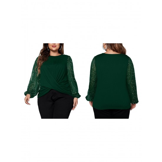 1pc Women'S Plus Size Casual Round Neck Long Sleeve Blouse with Cross Wrap Design, Polyester Fabric, Spring/Autumn Season, Basic Solid Color Top with Bubble Detail