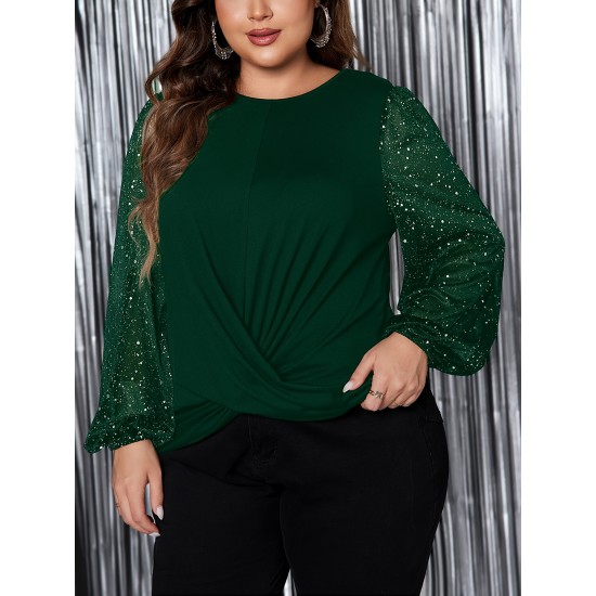 1pc Women'S Plus Size Casual Round Neck Long Sleeve Blouse with Cross Wrap Design, Polyester Fabric, Spring/Autumn Season, Basic Solid Color Top with Bubble Detail