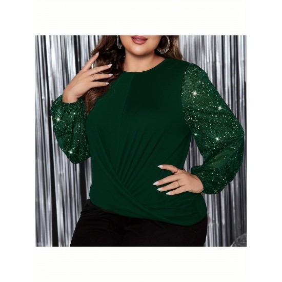 1pc Women'S Plus Size Casual Round Neck Long Sleeve Blouse with Cross Wrap Design, Polyester Fabric, Spring/Autumn Season, Basic Solid Color Top with Bubble Detail