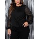 1pc Women'S Plus Size Casual Round Neck Long Sleeve Blouse with Cross Wrap Design, Polyester Fabric, Spring/Autumn Season, Basic Solid Color Top with Bubble Detail