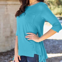 Soft & Stretchy Women's Casual T-Shirt - Solid Pink with Asymmetrical Hem, Round Neck, and Pocket Detail - Perfect for Spring/Summer