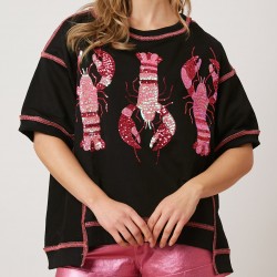 Women's Glitter Sequin Lobster & Crawfish Print T-Shirt - Casual Short Sleeve, Round Neck Top for Summer