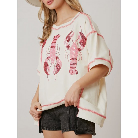 Women's Glitter Sequin Lobster & Crawfish Print T-Shirt - Casual Short Sleeve, Round Neck Top for Summer