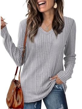 Women's Casual V-Neck Sweater - Solid Color, Ribbed Long Sleeve Knit Pullover, Machine Washable