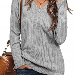 Women's Casual V-Neck Sweater - Solid Color, Ribbed Long Sleeve Knit Pullover, Machine Washable