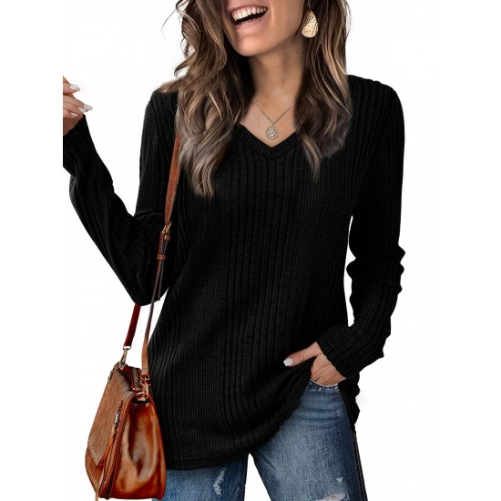 Women's Casual V-Neck Sweater - Solid Color, Ribbed Long Sleeve Knit Pullover, Machine Washable