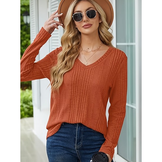 Women's Casual V-Neck Sweater - Solid Color, Ribbed Long Sleeve Knit Pullover, Machine Washable