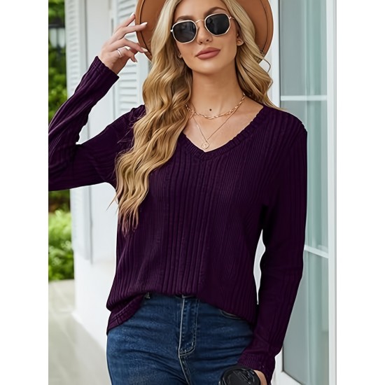 Women's Casual V-Neck Sweater - Solid Color, Ribbed Long Sleeve Knit Pullover, Machine Washable