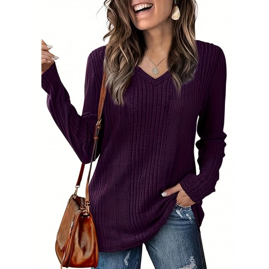 Women's Casual V-Neck Sweater - Solid Color, Ribbed Long Sleeve Knit Pullover, Machine Washable