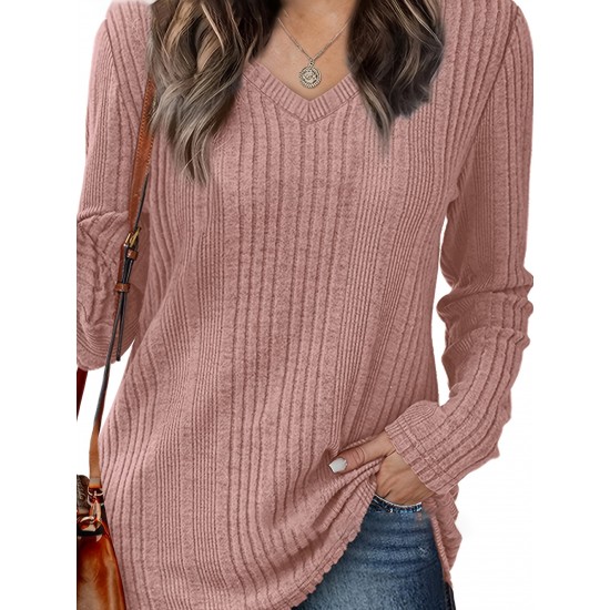 Women's Casual V-Neck Sweater - Solid Color, Ribbed Long Sleeve Knit Pullover, Machine Washable