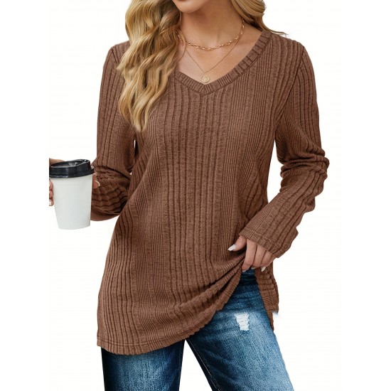 Women's Casual V-Neck Sweater - Solid Color, Ribbed Long Sleeve Knit Pullover, Machine Washable