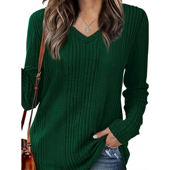 Women's Casual V-Neck Sweater - Solid Color, Ribbed Long Sleeve Knit Pullover, Machine Washable