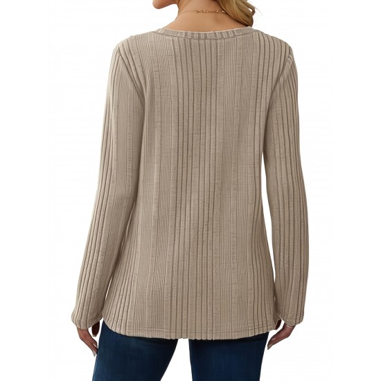 Women's Casual V-Neck Sweater - Solid Color, Ribbed Long Sleeve Knit Pullover, Machine Washable