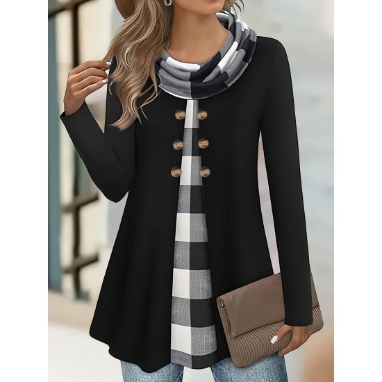 Chic Plus Size Turtleneck Coat for Women - Casual Button-Up, Long Sleeve, Machine Washable - Perfect for Fall & Winter