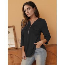 Stylish Women's V-Neck 3/4 Sleeve Zipper Shirt - Business Casual, Dressy Work Tunic Blouse with Relaxed Fit, Soft Fabric, and Versatile Style for Office, Meeting, or Daily Wear - Perfect for Career Women and Professionals