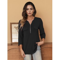 Stylish Women's V-Neck 3/4 Sleeve Zipper Shirt - Business Casual, Dressy Work Tunic Blouse with Relaxed Fit, Soft Fabric, and Versatile Style for Office, Meeting, or Daily Wear - Perfect for Career Women and Professionals