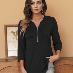 Stylish Women's V-Neck 3/4 Sleeve Zipper Shirt - Business Casual, Dressy Work Tunic Blouse with Relaxed Fit, Soft Fabric, and Versatile Style for Office, Meeting, or Daily Wear - Perfect for Career Women and Professionals