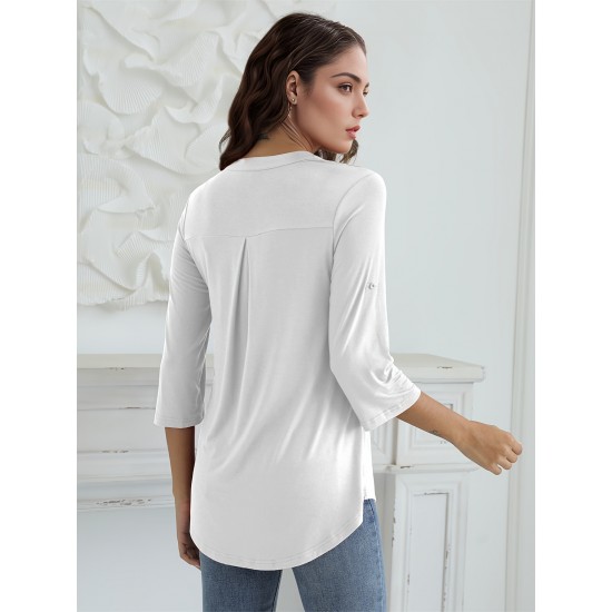 Stylish Women's V-Neck 3/4 Sleeve Zipper Shirt - Business Casual, Dressy Work Tunic Blouse with Relaxed Fit, Soft Fabric, and Versatile Style for Office, Meeting, or Daily Wear - Perfect for Career Women and Professionals