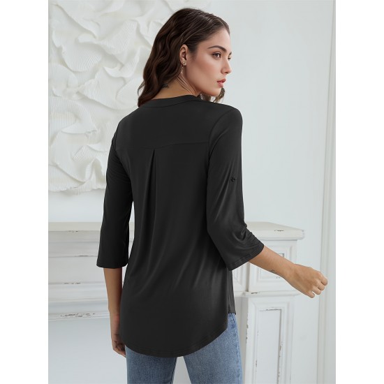 Stylish Women's V-Neck 3/4 Sleeve Zipper Shirt - Business Casual, Dressy Work Tunic Blouse with Relaxed Fit, Soft Fabric, and Versatile Style for Office, Meeting, or Daily Wear - Perfect for Career Women and Professionals