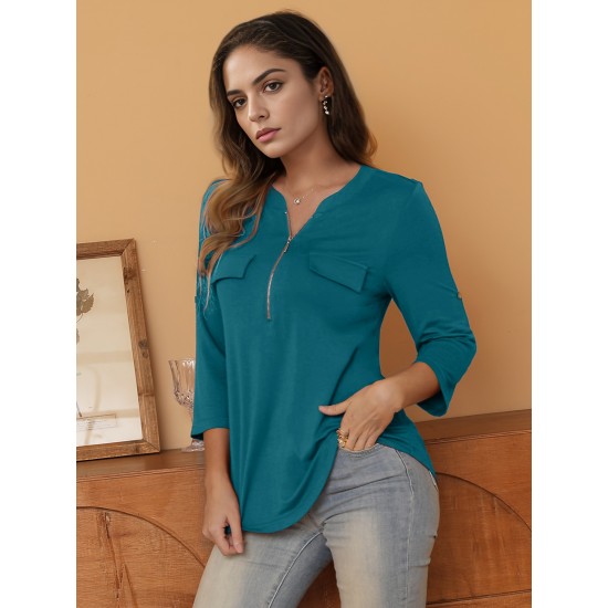 Stylish Women's V-Neck 3/4 Sleeve Zipper Shirt - Business Casual, Dressy Work Tunic Blouse with Relaxed Fit, Soft Fabric, and Versatile Style for Office, Meeting, or Daily Wear - Perfect for Career Women and Professionals