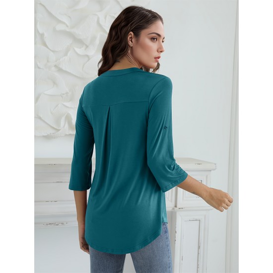 Stylish Women's V-Neck 3/4 Sleeve Zipper Shirt - Business Casual, Dressy Work Tunic Blouse with Relaxed Fit, Soft Fabric, and Versatile Style for Office, Meeting, or Daily Wear - Perfect for Career Women and Professionals