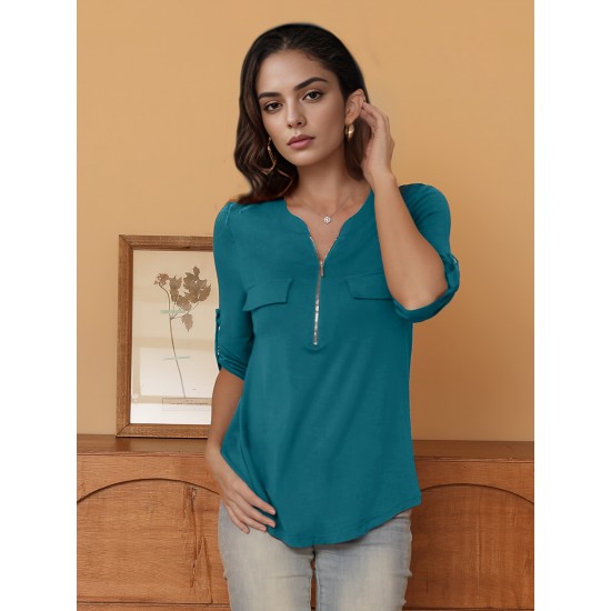 Stylish Women's V-Neck 3/4 Sleeve Zipper Shirt - Business Casual, Dressy Work Tunic Blouse with Relaxed Fit, Soft Fabric, and Versatile Style for Office, Meeting, or Daily Wear - Perfect for Career Women and Professionals