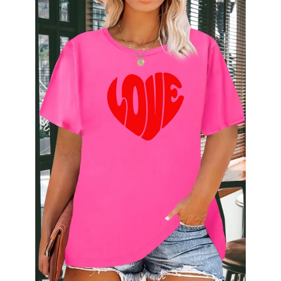 Women's Casual Black Heart Print Love Graphic Tee - Short Sleeve Crew Neck, Polyester Knit T-Shirt